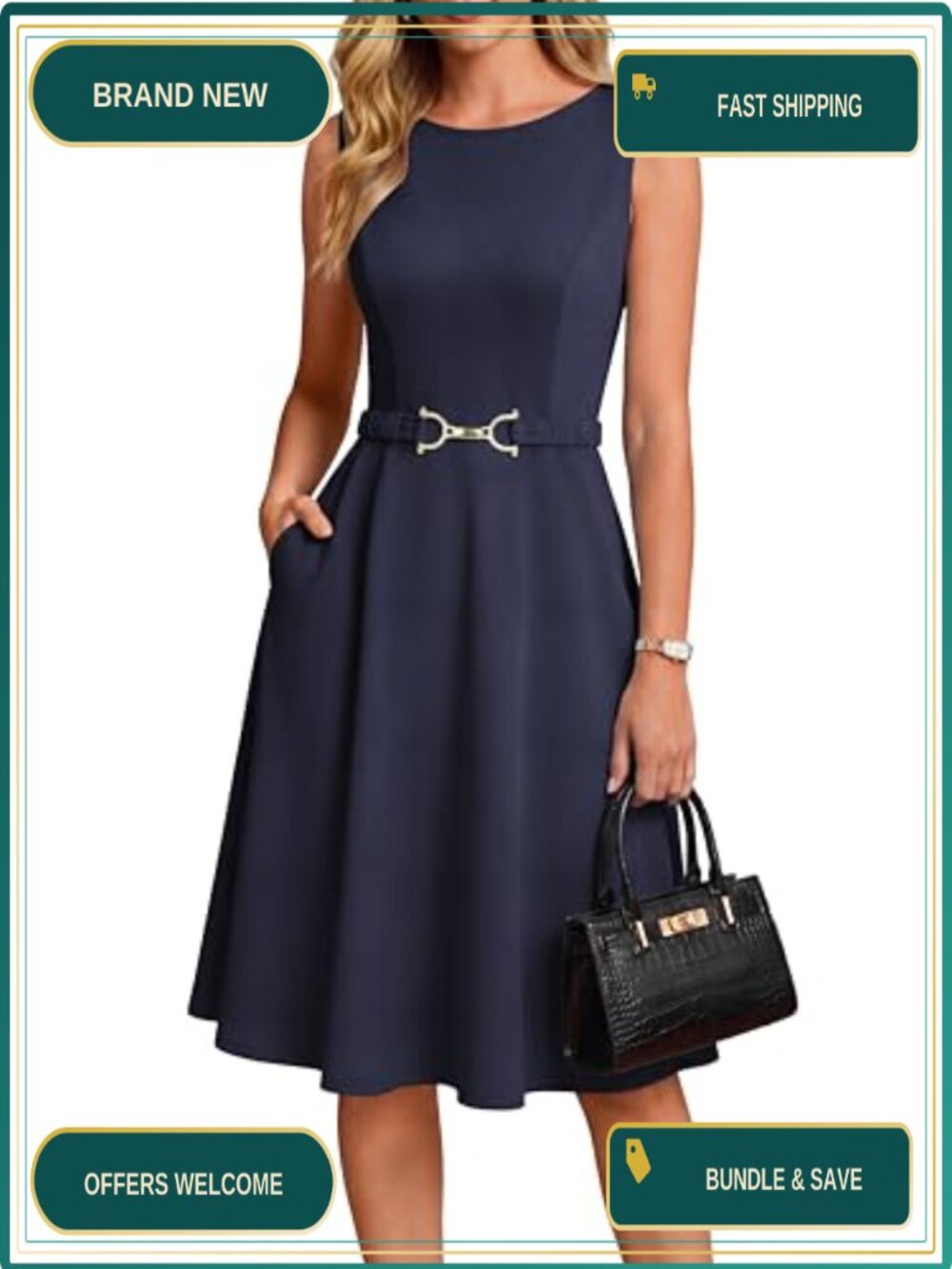 Sleeveless Flowy Midi Work Dress with Pockets & Belt